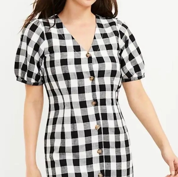 LOFT Black & White Gingham Button V-Neck Dress Size XL - Picture 2 of 9